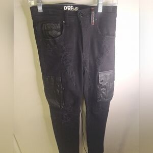 Men's Black Distressed Jeans with Leather Accents Size 28/32